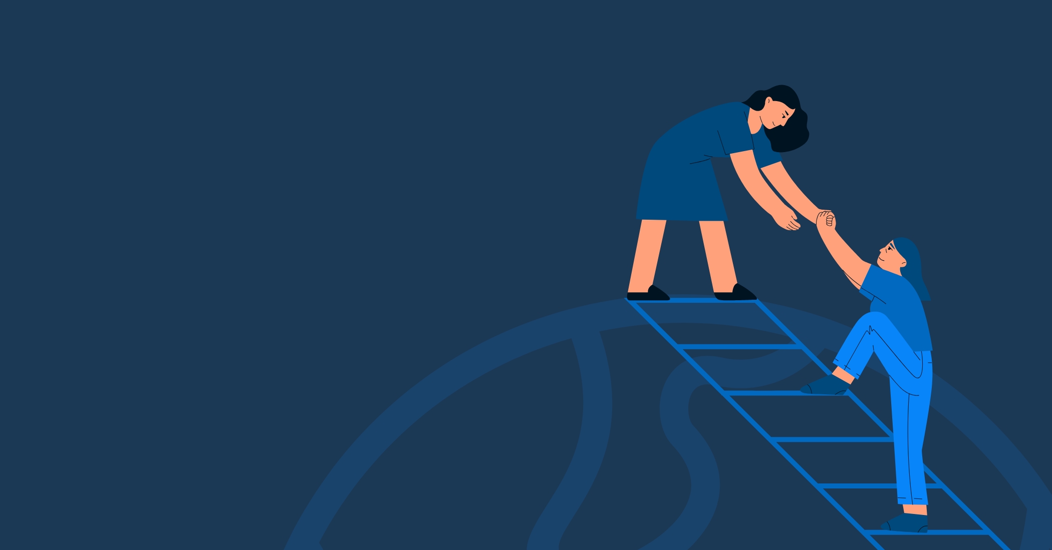a mostly blue illustration of one person standing on top of the globe, pulling another person up by the hand, guiding them up a latter.